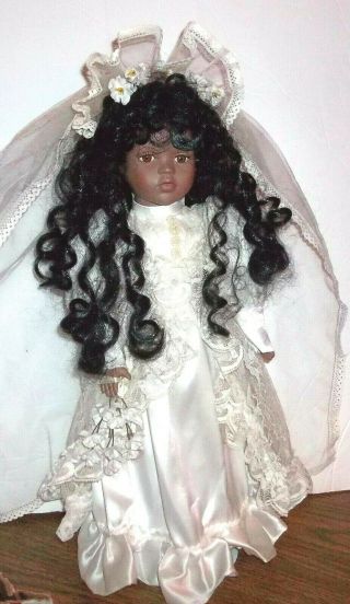 Vintage African American Porcelain Bride Doll 17 Inches 1980 S With Metal Stand