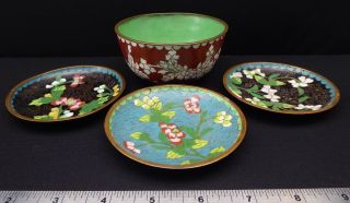 Antique Chinese Cloisonne Rice Bowl Enamel Copper 3 Small Sauce Dishes