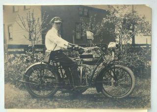 Rare Very Early Large Real Photo Indian Motorcycle & Rider W/ Gear American Flag
