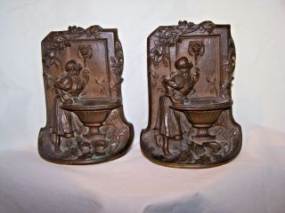 Marked Solid Bronze Art Deco Girl By The Well 3lbs Each Antique Bookends $49