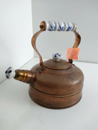 Vintage / Antique Copper Teapot Kettle With White And Blue Porcelain Handles 3