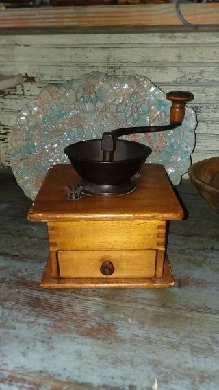 Primitive Antique Metal And Wood Coffee Grinder Mill