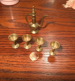 Vintage Solid Brass Tea Pot And Goblet Set Dollhouse Miniature Set Of 5