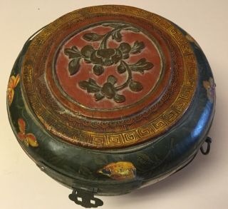 Antique Chinese 10” Round Wooden Box With Lid Hand Painte