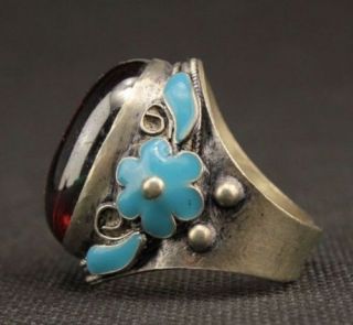 Antique Chinese old silver inlaid enamel cloisonne diocroma finger ring 2