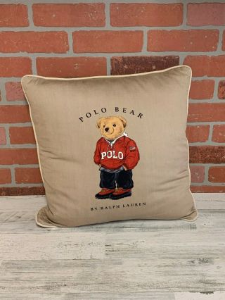 Vintage Polo Sport Ralph Lauren Teddy Bear Pillow Goose Feathers Denim Tan 18 "