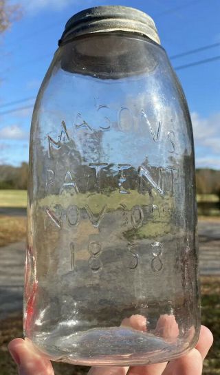 Antique Crude Dead Clear Masons Patent 1858 Half Gallon Fruit Jar