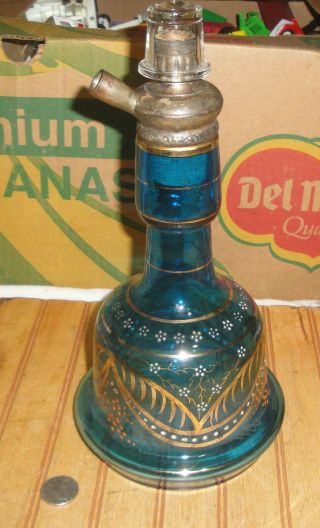 Very Old Vintage Antique Blue Glass W/gold / Silver Adornment Hookah Pipe Bottle