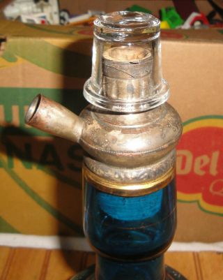 Very Old Vintage Antique Blue Glass w/Gold / Silver Adornment Hookah Pipe Bottle 2
