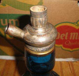 Very Old Vintage Antique Blue Glass w/Gold / Silver Adornment Hookah Pipe Bottle 3