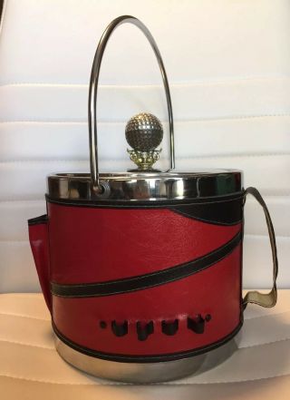 Rare Vintage Norleans Red & Black Leather Cover Chrome Ice Bucket Made In Japan