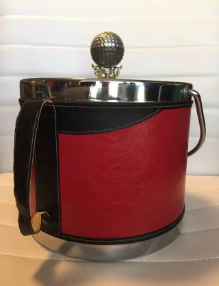 RARE Vintage Norleans Red & Black Leather Cover Chrome Ice Bucket Made in Japan 2