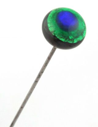 C.  1900 - Antique Peacock Colors Art Glass Hat Pin - 8 1/4 "