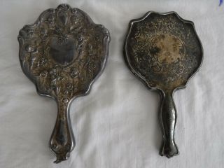 2 Antique Victorian Silver Plated Hand Mirrors One With Cherubs