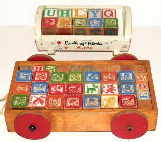 26 Antique Disney Wooden Letter Blocks Wagon / Cart Cradle Of Blocks Fritzel