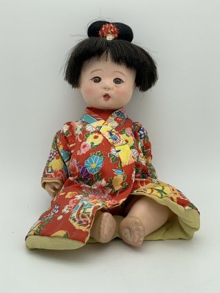 Larger 9” Chinese Baby Doll Antique Vintage Composition Paper Mache Horse Hair