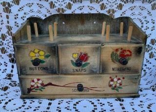 Antique Vintage Wooden Sewing Notion Box Cabinet Drawer Buttons Scissors 1950s