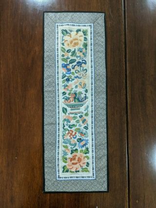 Chinese Silk Embroidery Panel With Flower 23 Inches Long