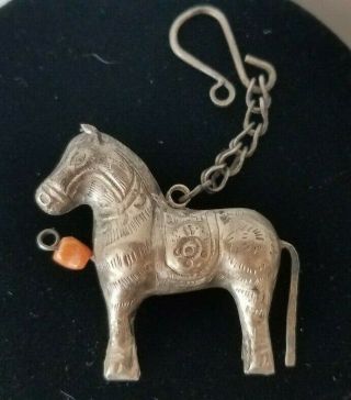 Antique Chinese Silver Necklace Qing Dynasty Pendant Horse Carnelian