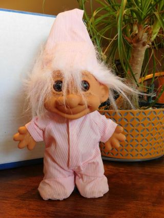 Pink Striped Footie Pajamas Troll Doll Russ White Hair 8 "