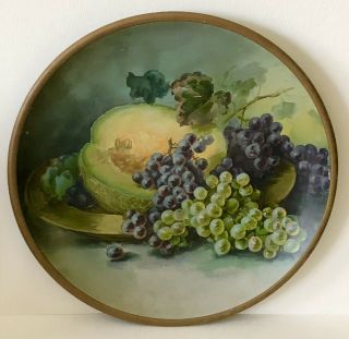 Antique Royal Vienna Dresden Art Tin Litho Metal Plate Cantaloupe Melon &grapes