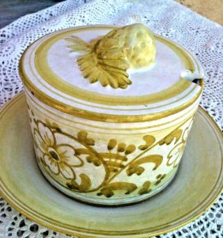 Signed Cantagalli Majolica Jam Pot,  Plate,  Lid Signed Made In Italy,  Antique