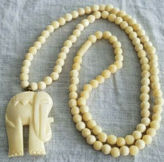 Antique Vintage Ivory Color Bone Bead Elephant Trunk Up Necklace