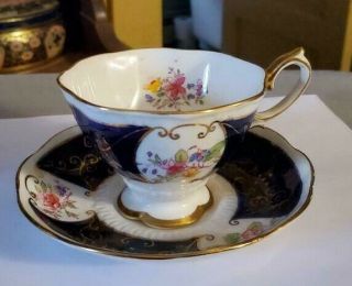 Rare Vintage Royal Albert Crown China Tea Cup & Saucer Set Roses Cobalt Gold Nr