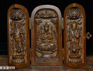 Tibetan Boxwood Wood Carved 1000 Arms Avalokiteshvara Goddess Buddha Statue Box