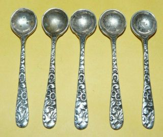 5 Vintage Antique Sterling Silver Ornate " Repousse " Design 2 5/8 " Salt Spoon 