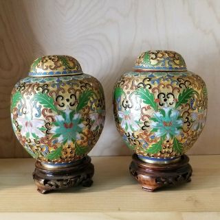 Vintage Chinese Cloissone Turquoise Blue Floral 4.  5 Inches Tall Set Of Two Vases