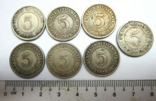 7 British Straits Settlements 5 Cents Nickel Coins,  1920,  Rare,