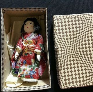 Antique Miniature Japanese Gofun Doll In Red Floral Kimono