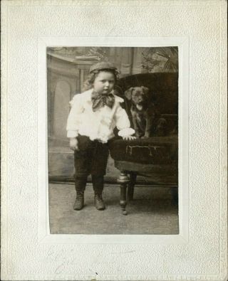Antique Photographs On Card Of Young Boy With Puppy Black Lab
