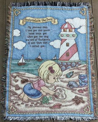 Precious Moments Throw Blanket Afghan Footprints In The Sands 45 " X60 " Rare Fringe