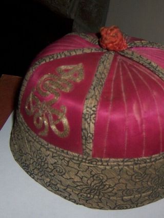 Antique Chinese Character Gold quilted Embroidery Silk Round Hat Cap red black 2