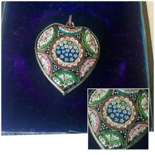 Rare Vintage Art Deco Jewellery Micro Mosaic Heart Floral Pendant