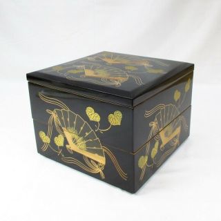 D497: Japanese Tier Of Old Lacquered Boxes Jubako With Fan Makie