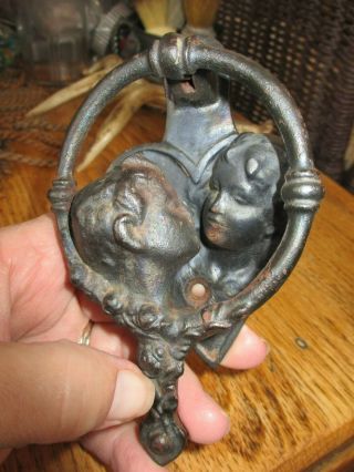 Antique Victorian Art Nouveau Cast Iron Door Knocker Woman And Man Kissing