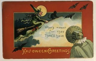 Antique E.  C.  Banks Halloween Postcard Lady Witch Broom Black Cat Bats Moon - K729