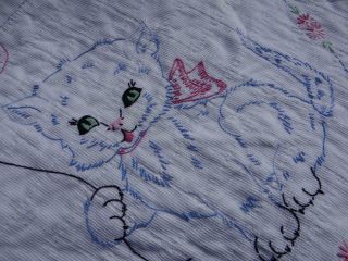 Adorable Antique Vintage Farmhouse Hand Embroidery Kitten Kitty Cat Cotton Quilt