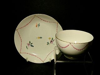 Chelsea Derby Porcelain Tea Bowl And Saucer In Rare Pattern C.  1780.  Puce Mark