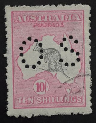 Rare 1917 - Australia 10/ - Grey & Analine Pink Kangaroo Stamp 3rd Wmk Os Perf Cto