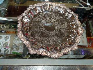 Vintage Sheridan 13 " Round Silver Plate Large Footed Serving Butler Tray