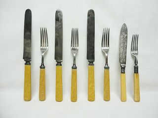 Antique 8pc Lf&c Knives & Forks Cutlery W/ Yellow Celluloid Handles