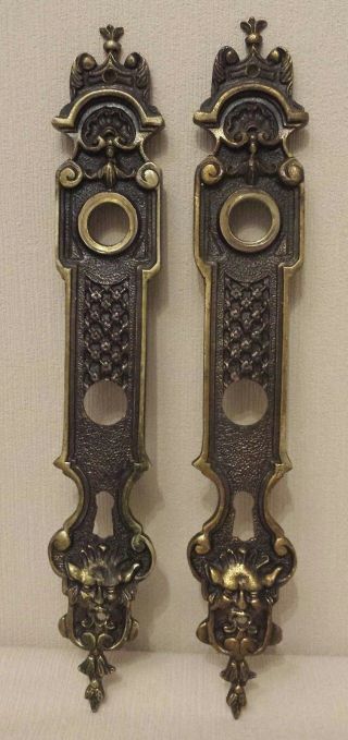 1x Pair Set Antique French Door Push Plates Tall Large Brass Chateau Gargoyle