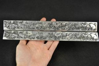 Old Handwork Miao Silver Carve Chinese 12 Zodiac Good Lucky Safeness Pair State