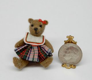 Vintage Jointed Teddy Bear Girl In Dress - Artisan Dollhouse Miniature 1:12