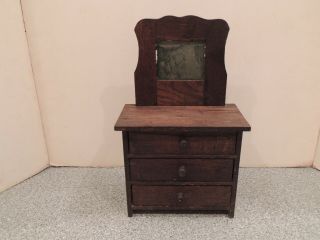 Vintage Doll Size Wooden Chest Of Drawers With Mirror Miniature Folkart