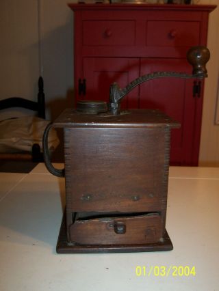 Antique Coffee Grinder Mill Cast Iron Hand Crank & Handle Tin Cap And Drawer